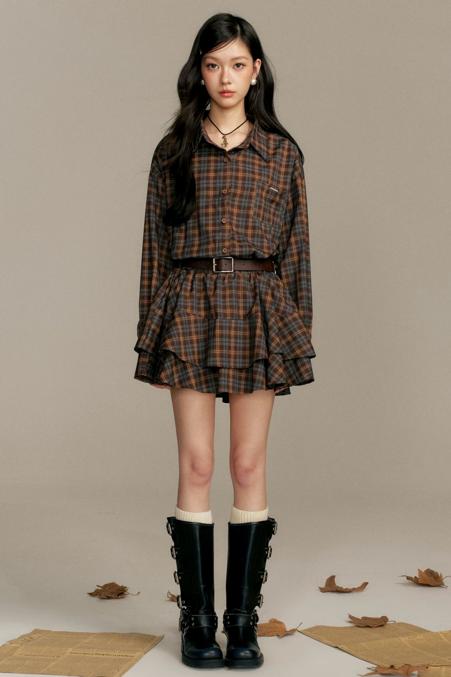 Shawl Paired Plaid Dress With Belt Set-Up
