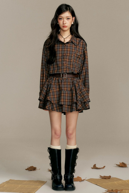 Shawl Paired Plaid Dress With Belt Set-Up