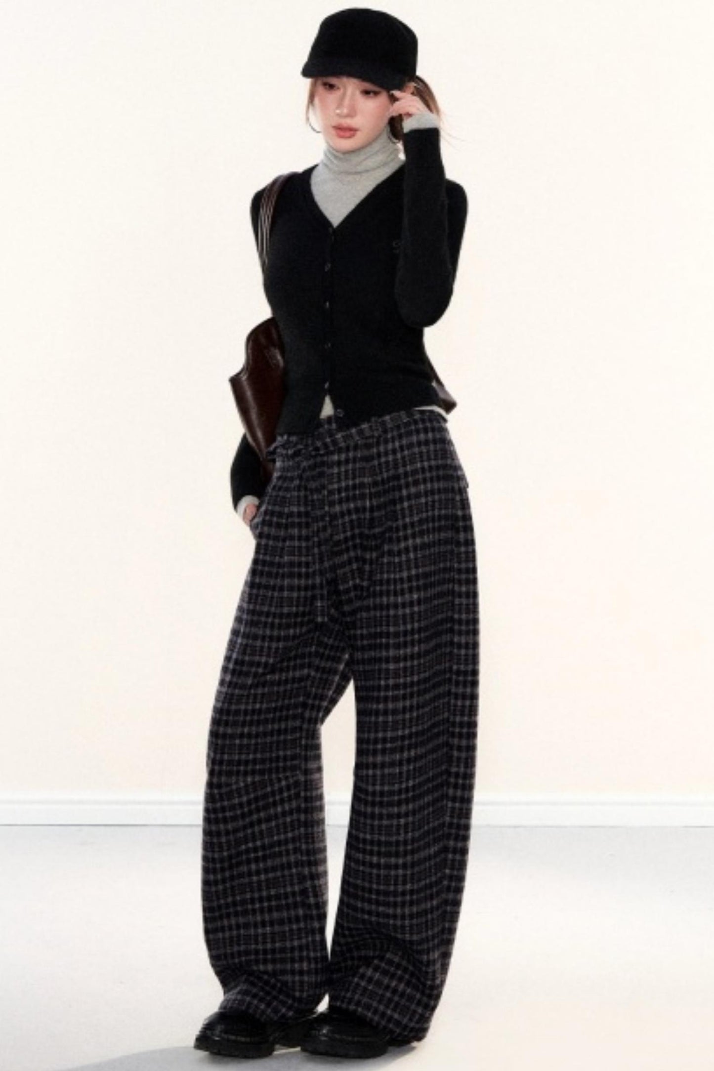 Plaid Woolen Wide-Leg Pants