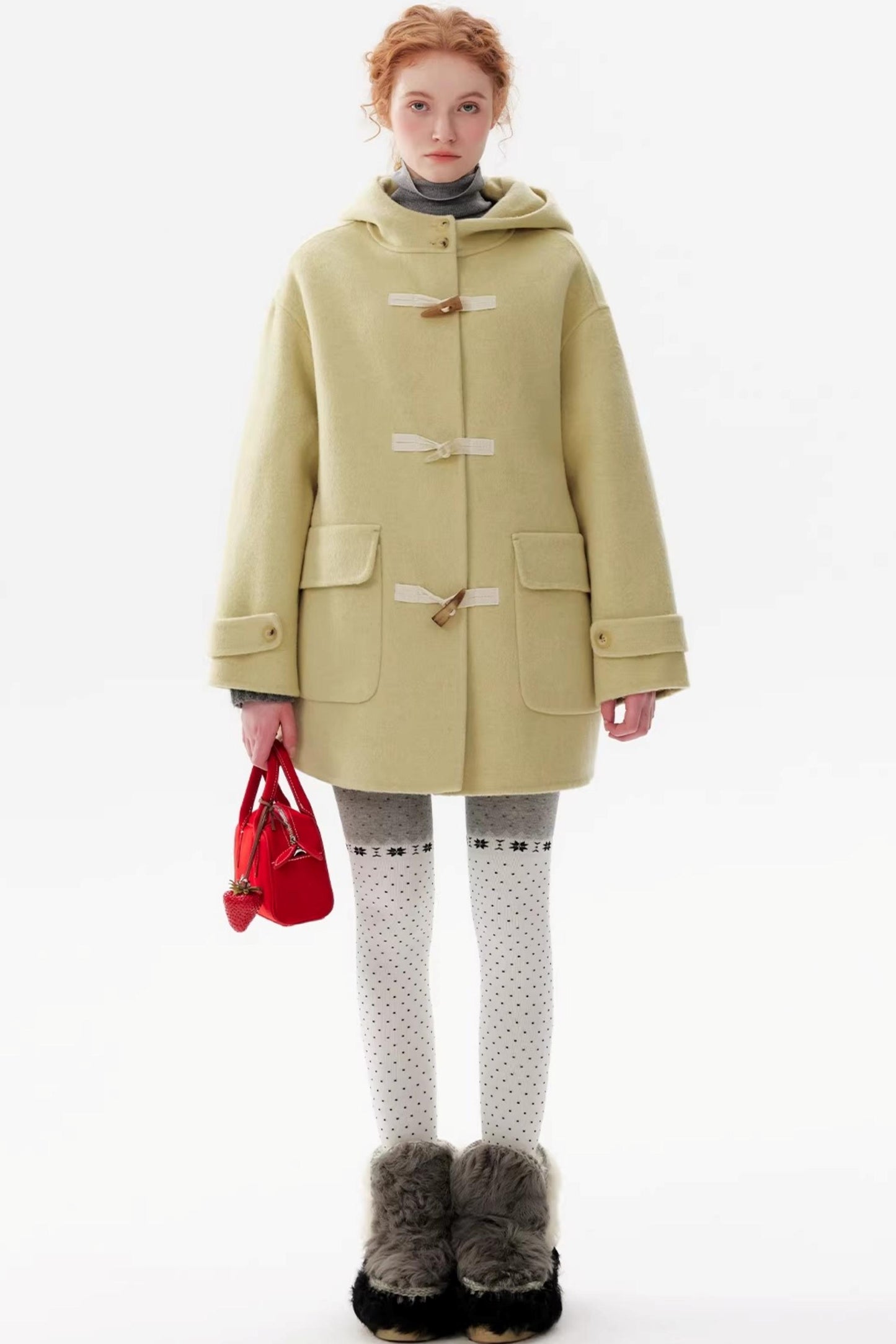 Warm Yellow Wool Hooded Coat