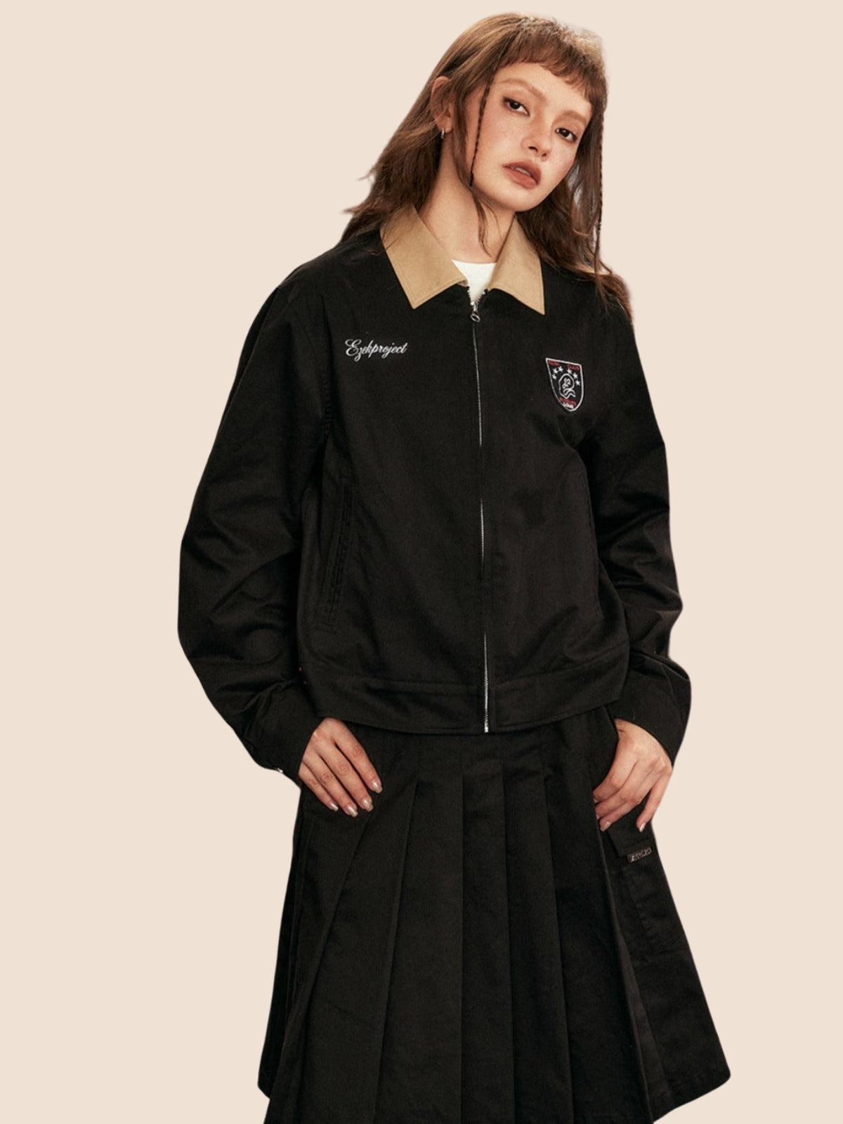 EZEK AMERIKANISCHE VINTAGE COLLEGE JACKE JACKE FALTENROCK ANZUG FRAUEN LÄSSIG ROCK LOSE ZWEITEILIGE SET