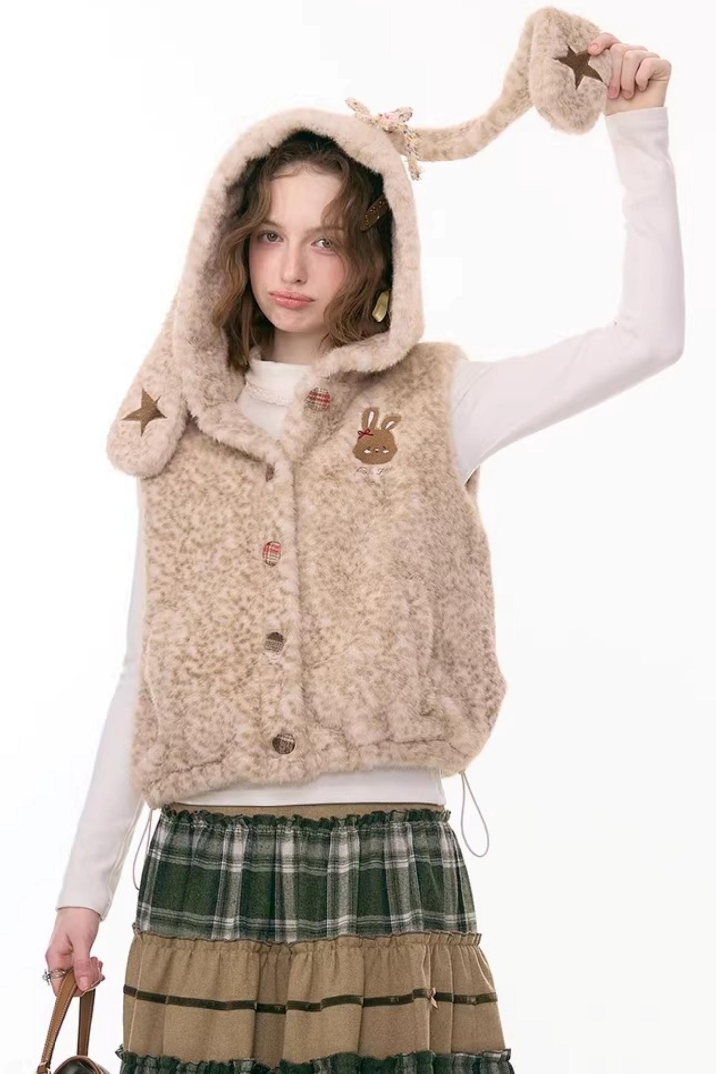 Black Leather Rabbit Hooded Vest Jacket