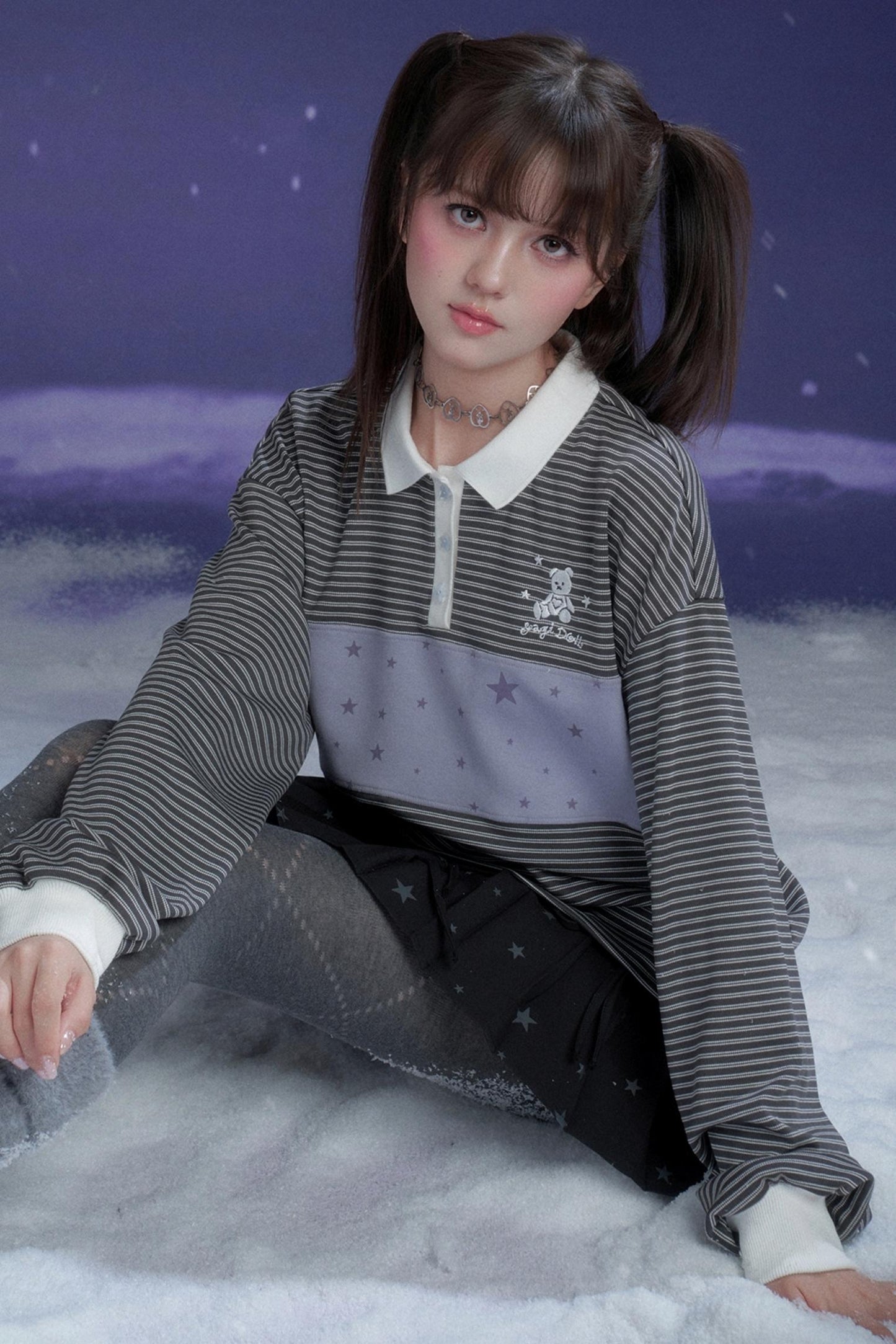 Energetic Gray-Purple Striped Polo Top