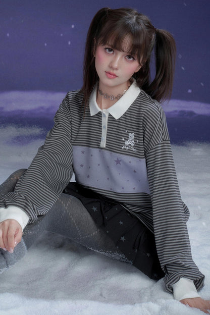 Energetic Gray-Purple Striped Polo Top