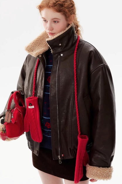 Sheepskin Collar Leather Jacket