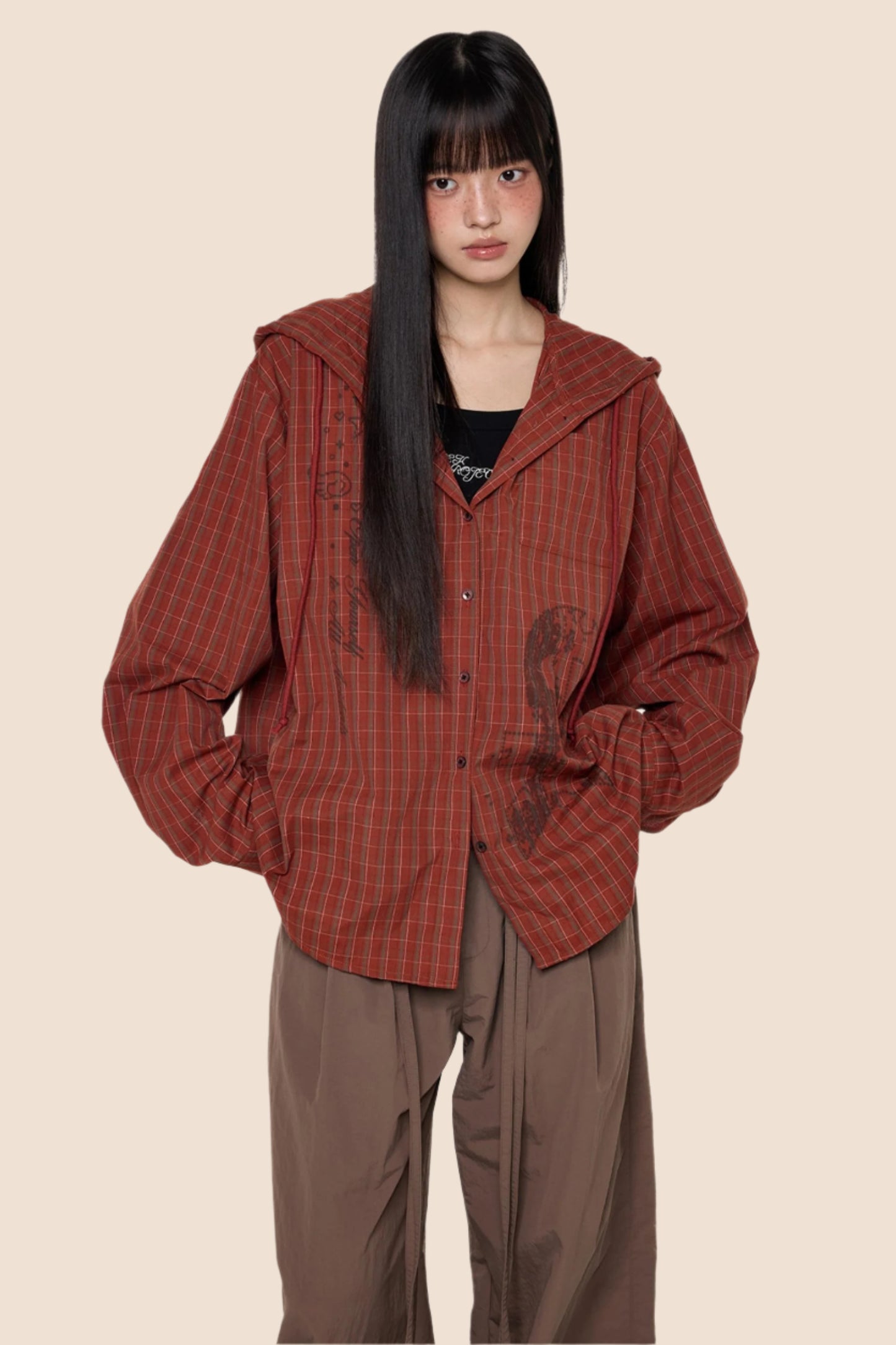 Hooded Plaid Lightweight Loose Jacket