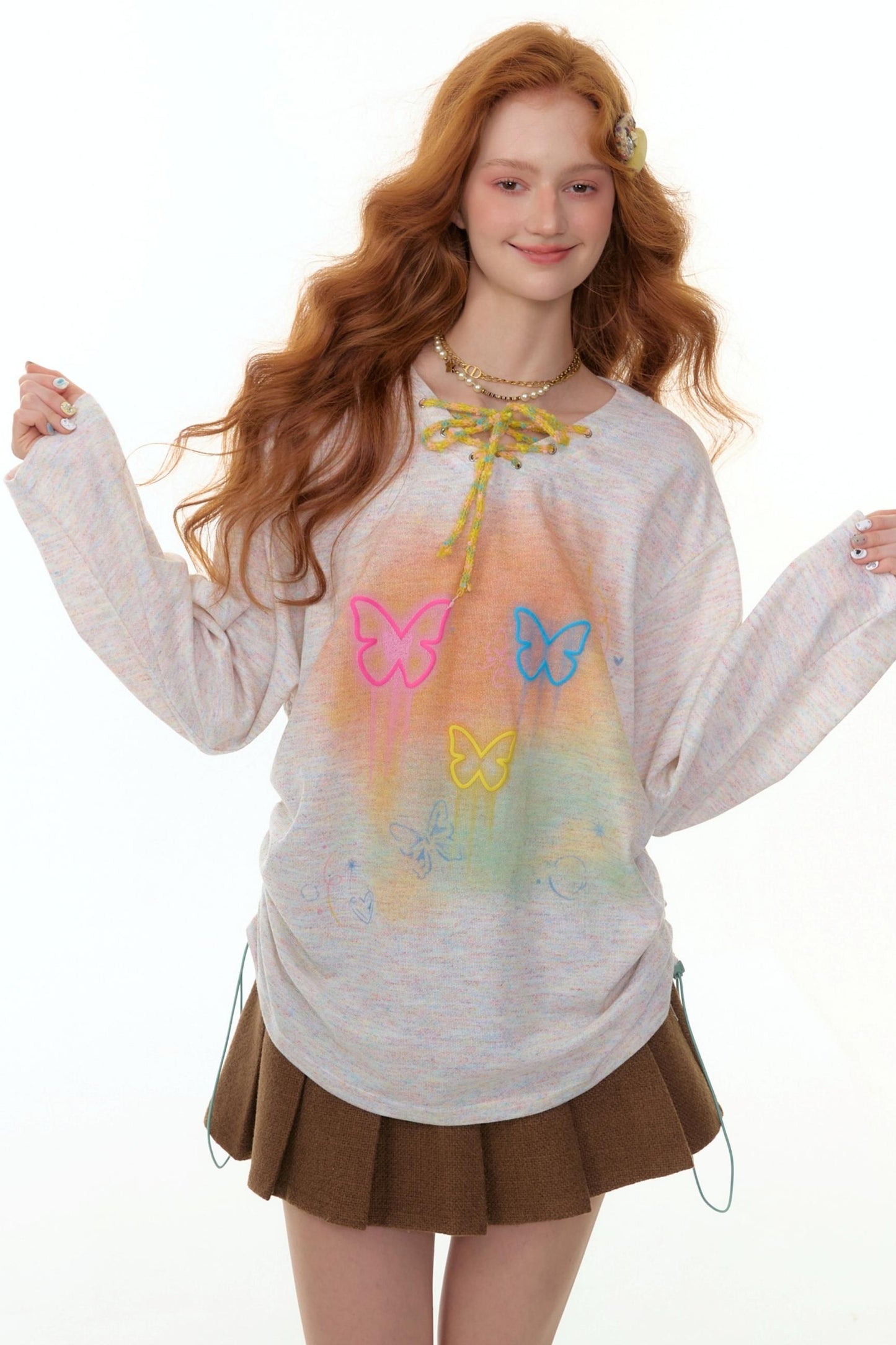 Flower Butterfly V-Neck Long Sleeve T-Shirt