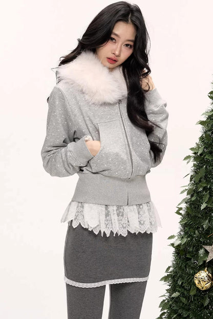 White Fur Collar Polka Dot Jacket