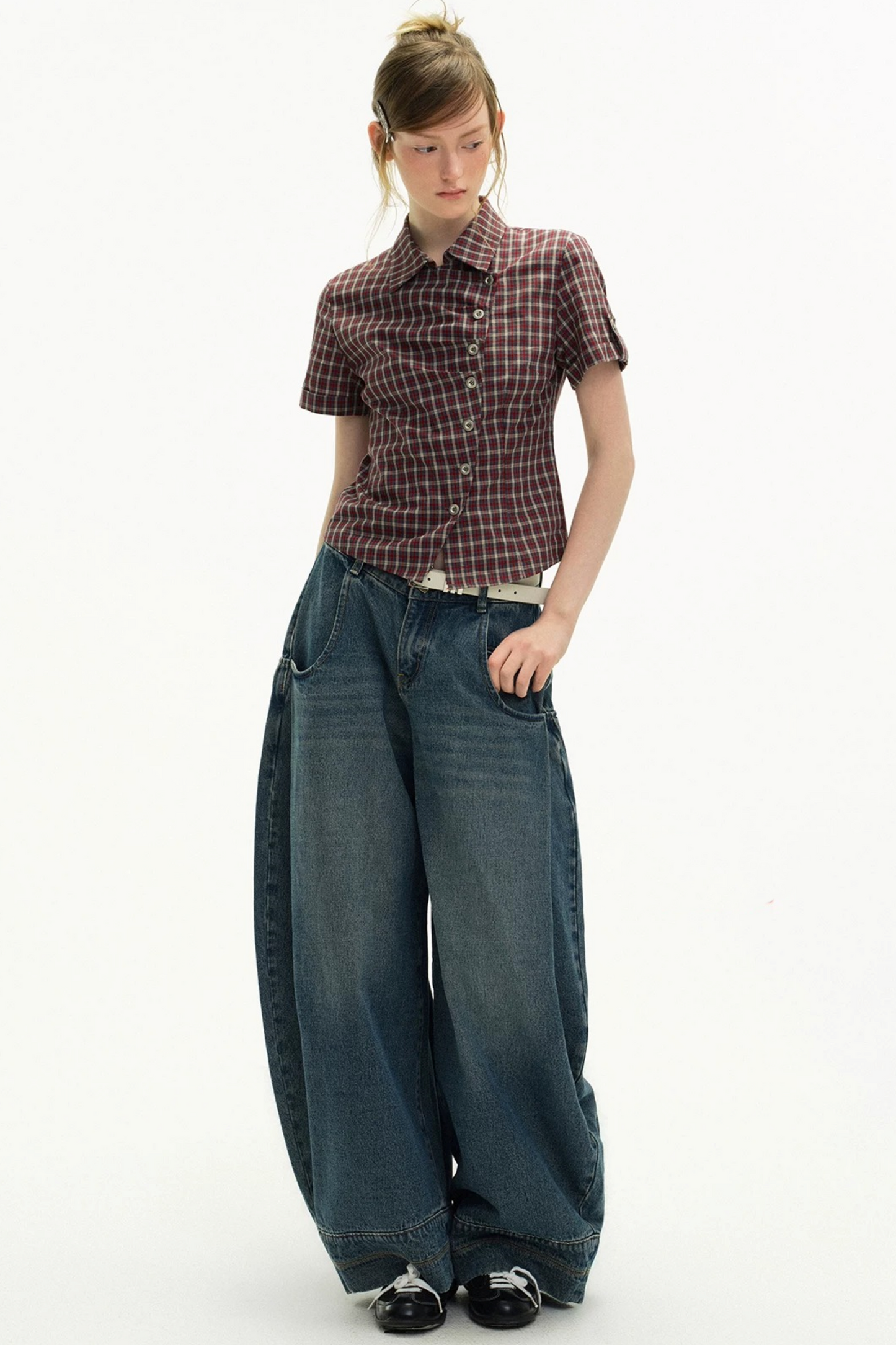 Diagonal Placket Plaid Blouse