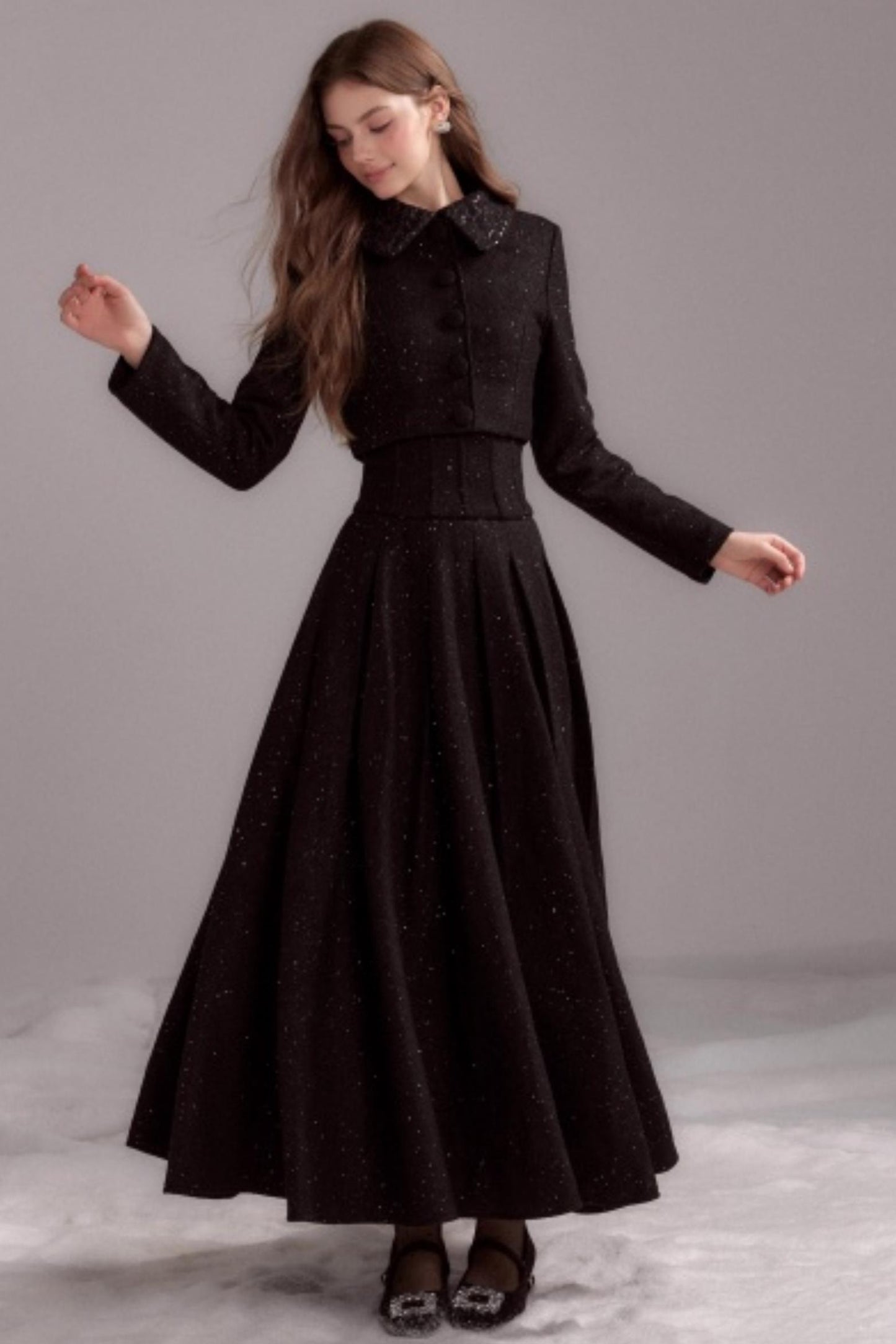 Thin Glitter Lapel Top & Pleated Skirt Set-Up