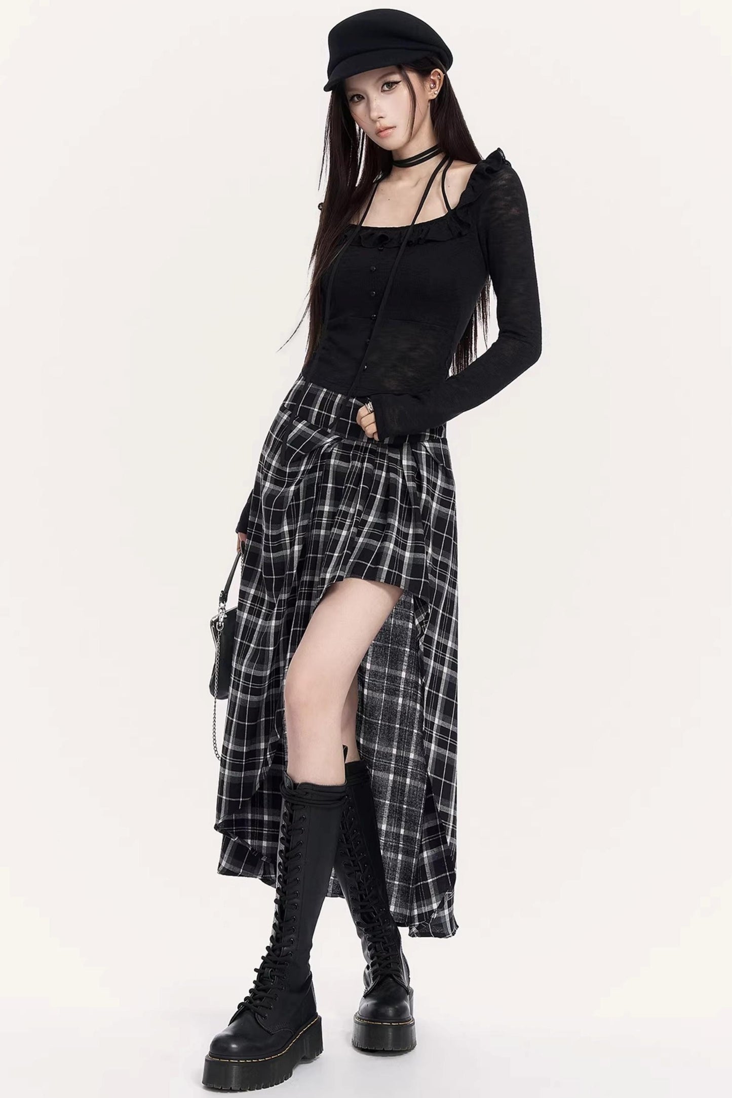 Irregular Plaid Long Skirt