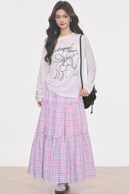 Printed Sheer Blouse and Plaid Skirt Set-Up