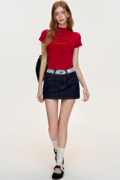 French Lace-panel A-line Denim Skirt