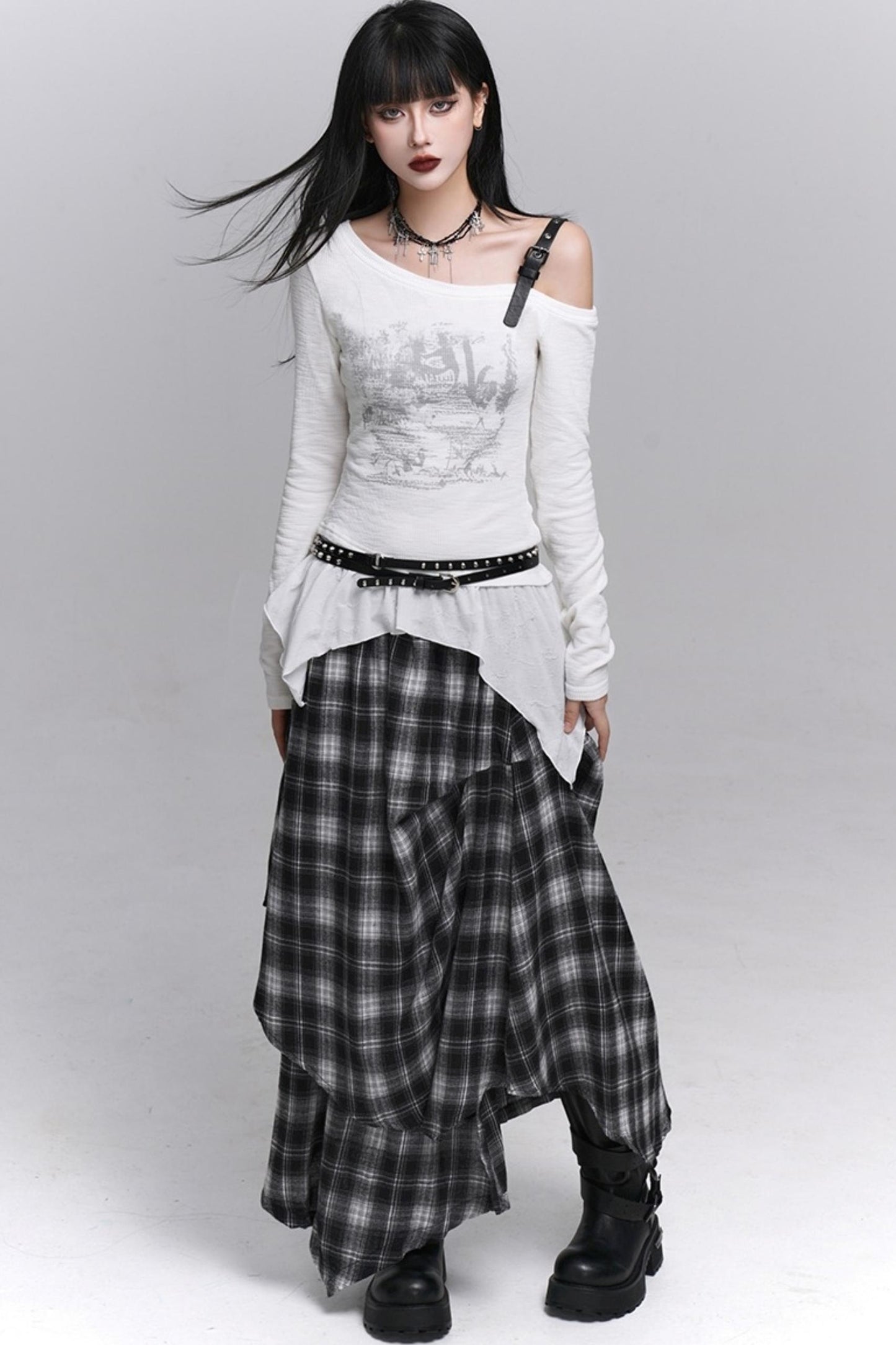 Gray Black Plaid Pleated Skirt