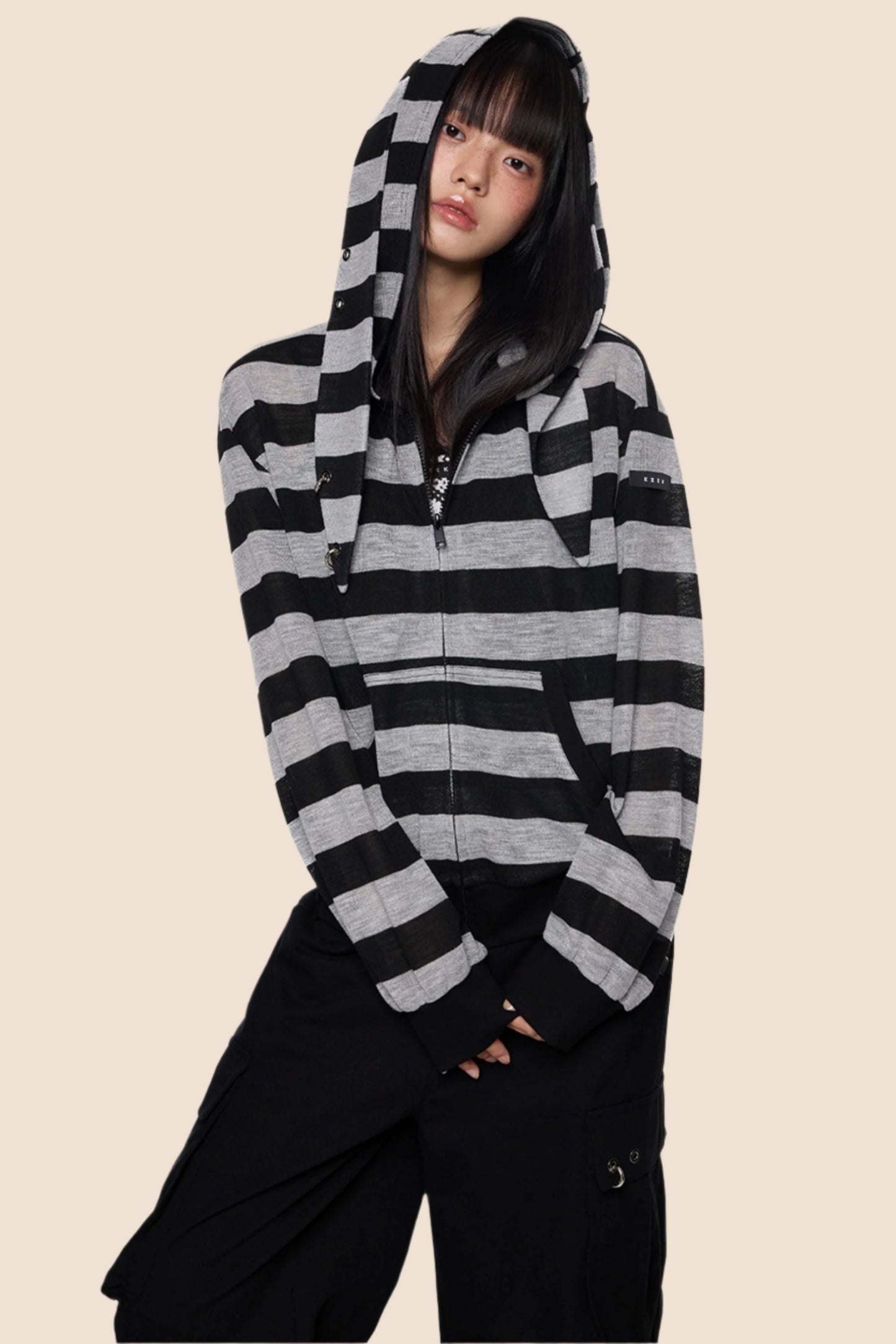 Rabbit Ears Stripe Hooded Long Sleeve Cardigan