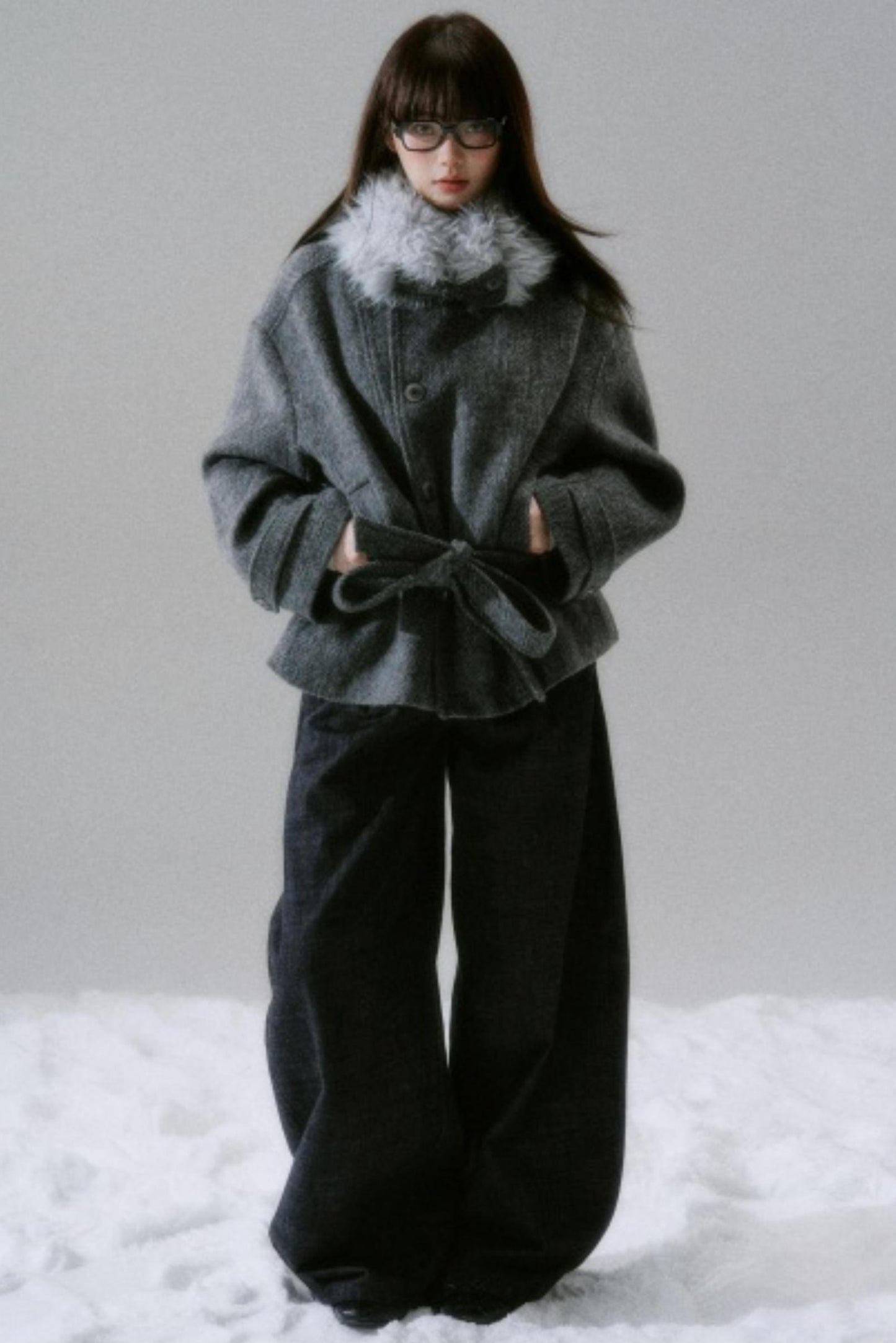 Bow Fur Collar Wool Coat