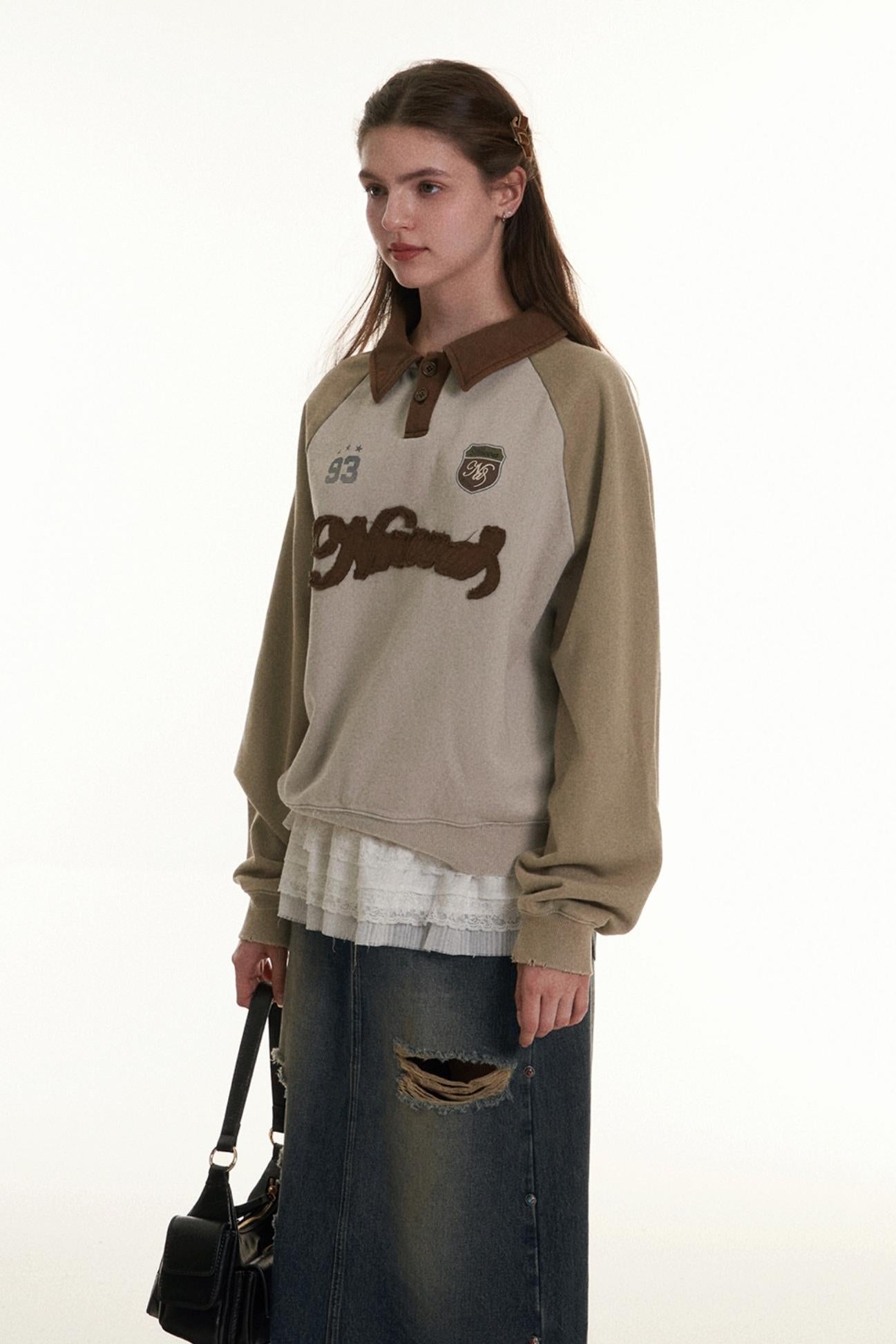 RETRO POLO NECK COLOR-BLOCKED SWEATSHIRT