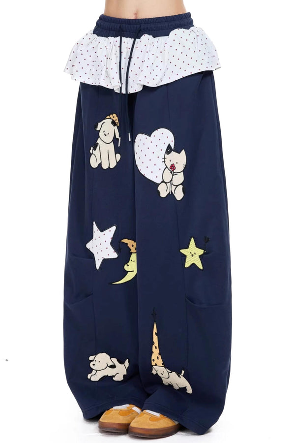 Cartoon Embroidered Wide-Leg Pants