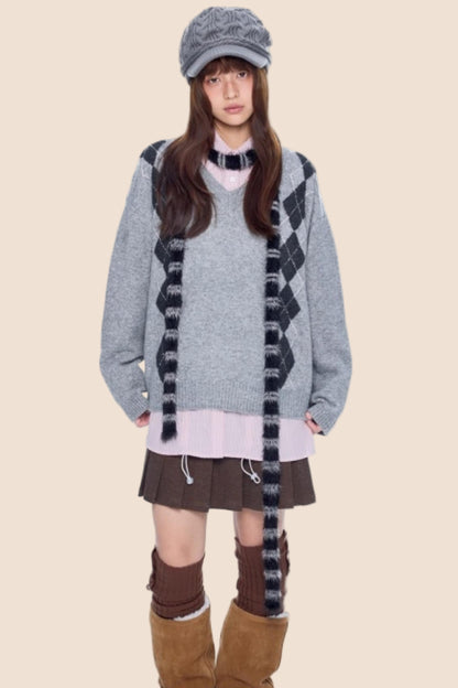 Ribbed V-Neck Knit Sweater