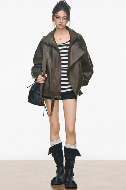 High-End Leather Jacket With Shorts Set-Up