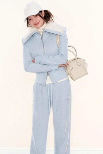 Lapel Fleece Slim Sweatshirt Jacket Set-Up