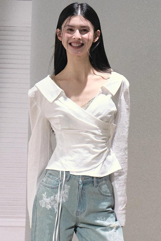 Crumpled Texture Collar Stretch Shirt