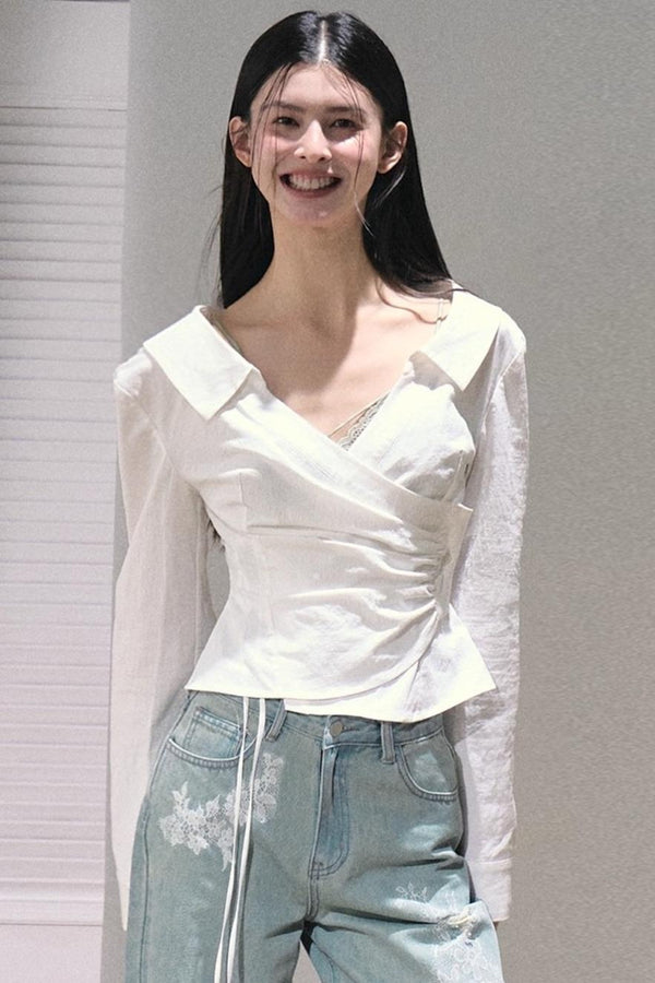 Crumpled Texture Collar Stretch Shirt