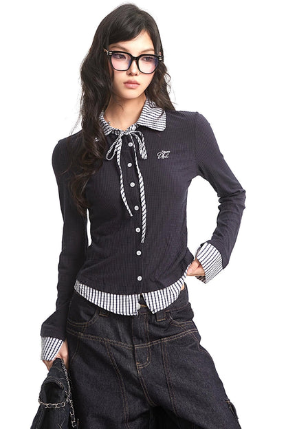 Navy Blue Plaid Knit Top