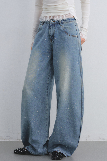 Rhinestone Washed Denim Pants