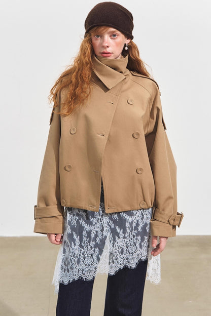 Slanted Stand-Up Collar Cropped Trench Coat