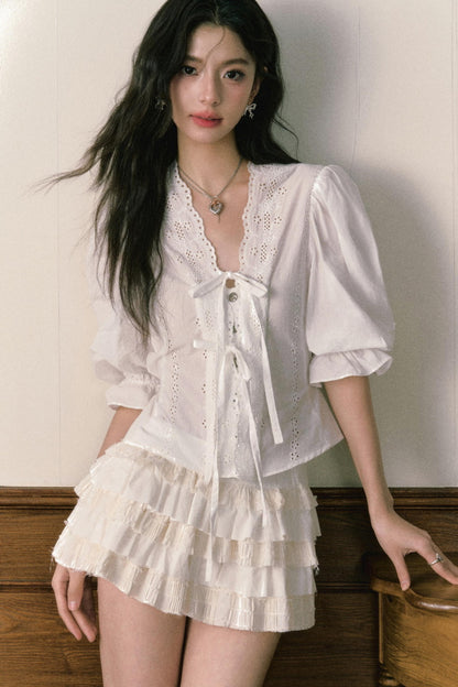 Bubble Sleeve Two Piece Cake Skirt Set-Up