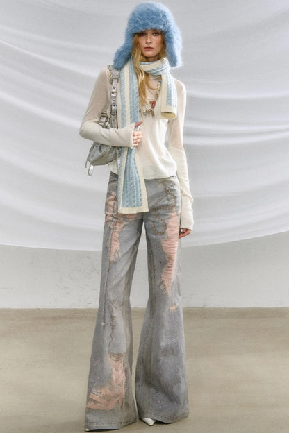 Ripped Faux-Denim Flared Pants