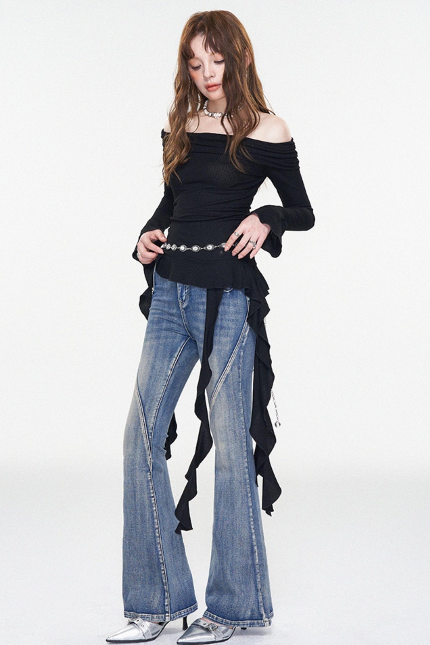 Ruffle One-Shoulder Glitter Top