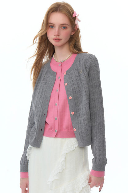 Contrast Stitching Twist Knit Cardigan