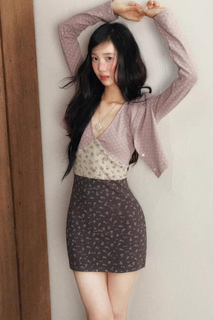 Light Purple Floral Knitted Cardigan Set-Up