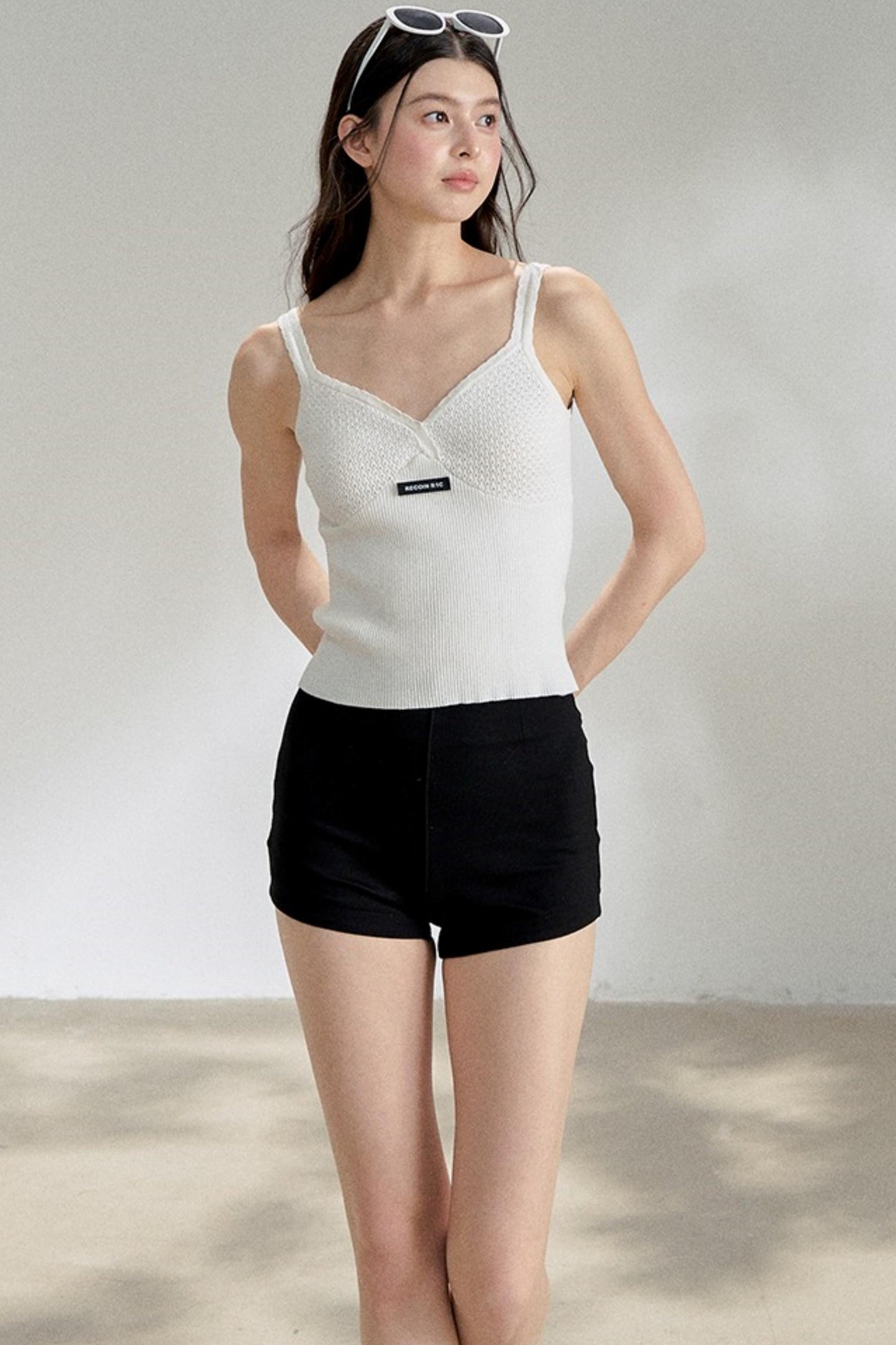 Textured White V-Neck Knitted Suspender Top
