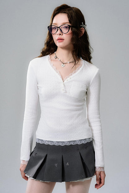 Lace-Trimmed V-Neck Henley Top