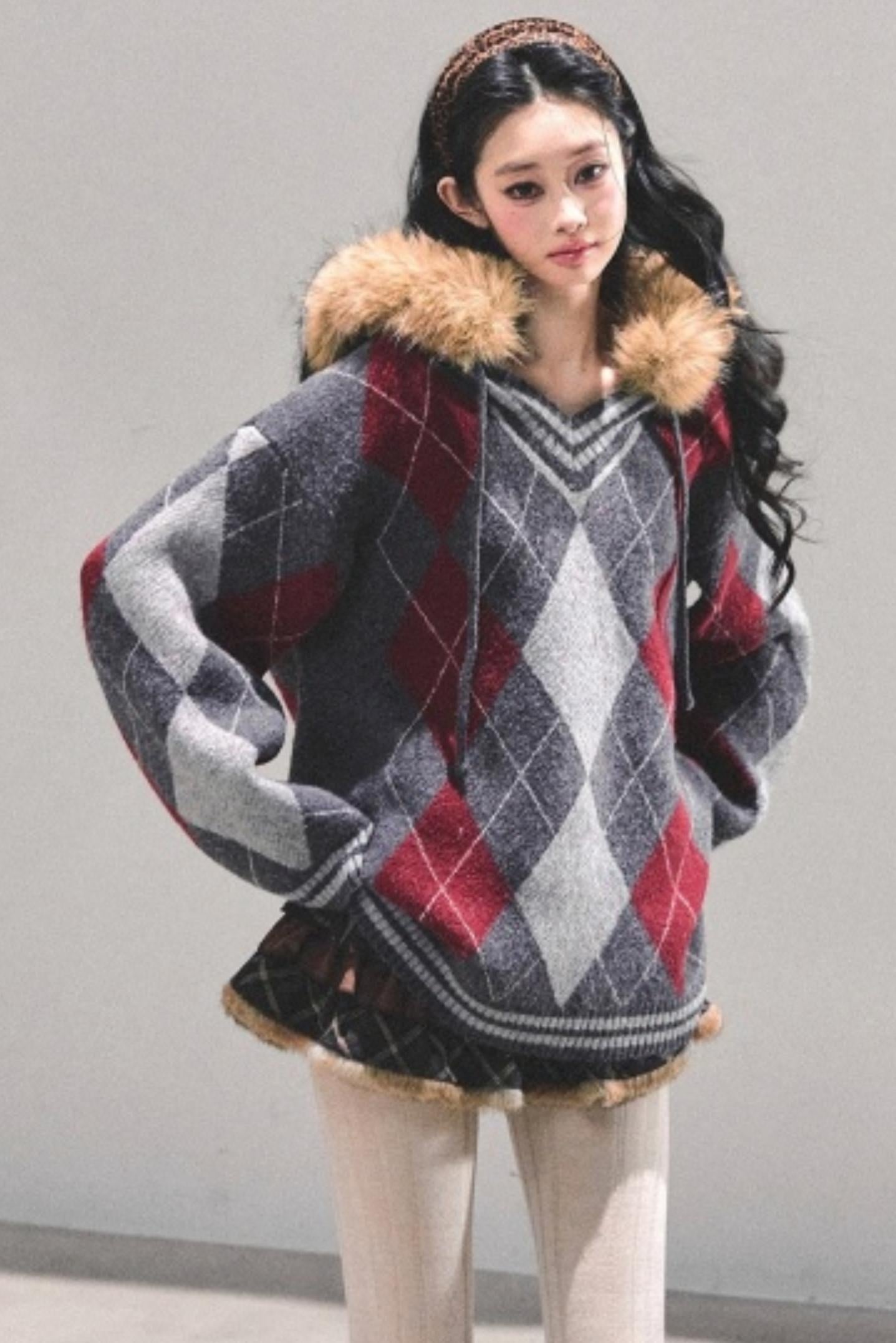 American College Style Fur Collar Sweater