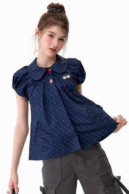 Maglia aderente retrò con colletto Peter Pan a pois