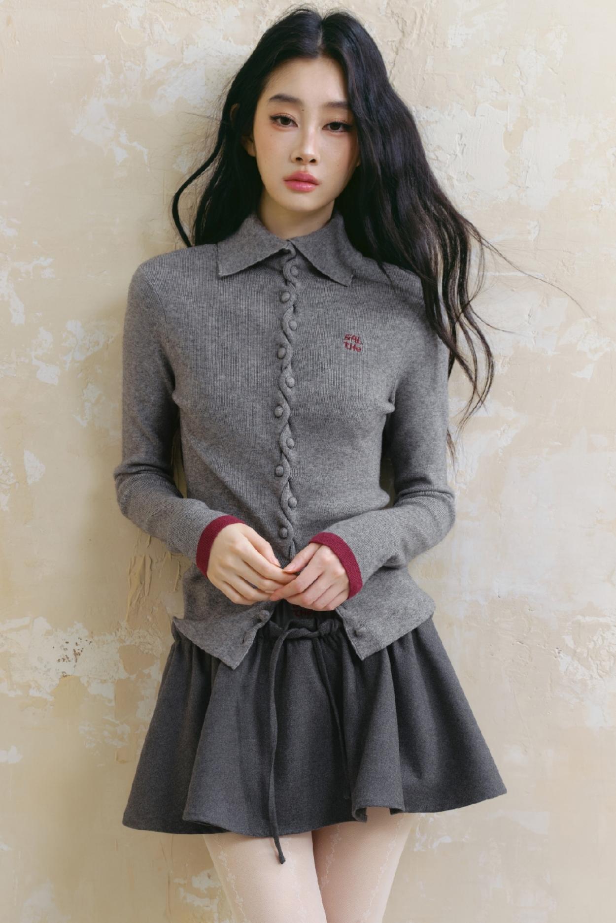 Gray Polo Neck Knitted Top