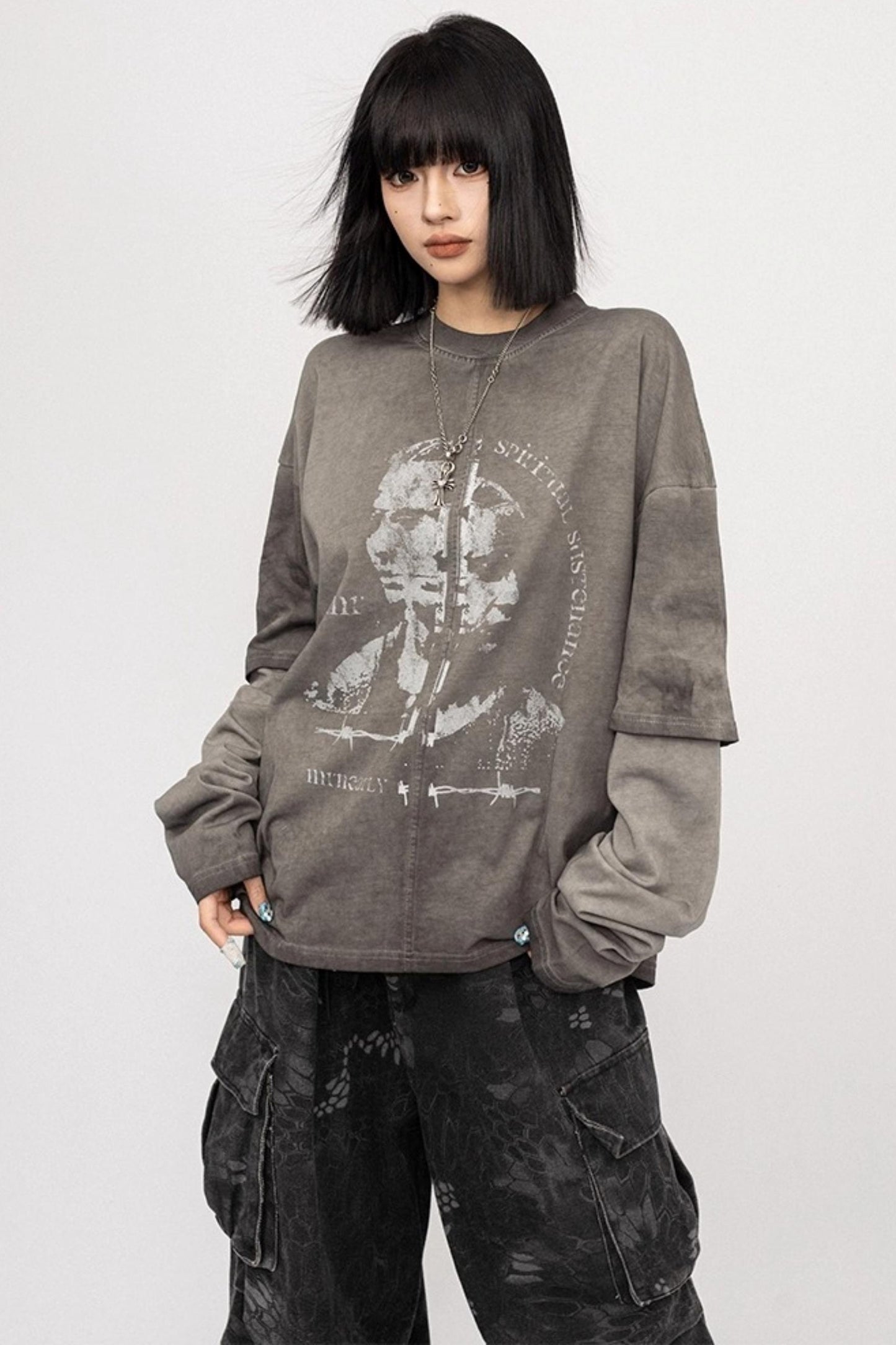 Vintage Distressed Gray Long Sleeve T-Shirt