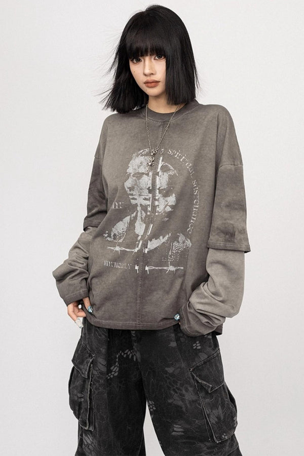 Vintage Distressed Gray Long Sleeve T-Shirt