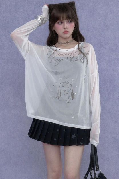 White Mesh Sun Protection Blouse Set-Up