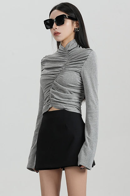 SRYSAME's fashionable design, pleated high-waisted base layer, T-shirt, long-sleeved top, autumn new women's wear