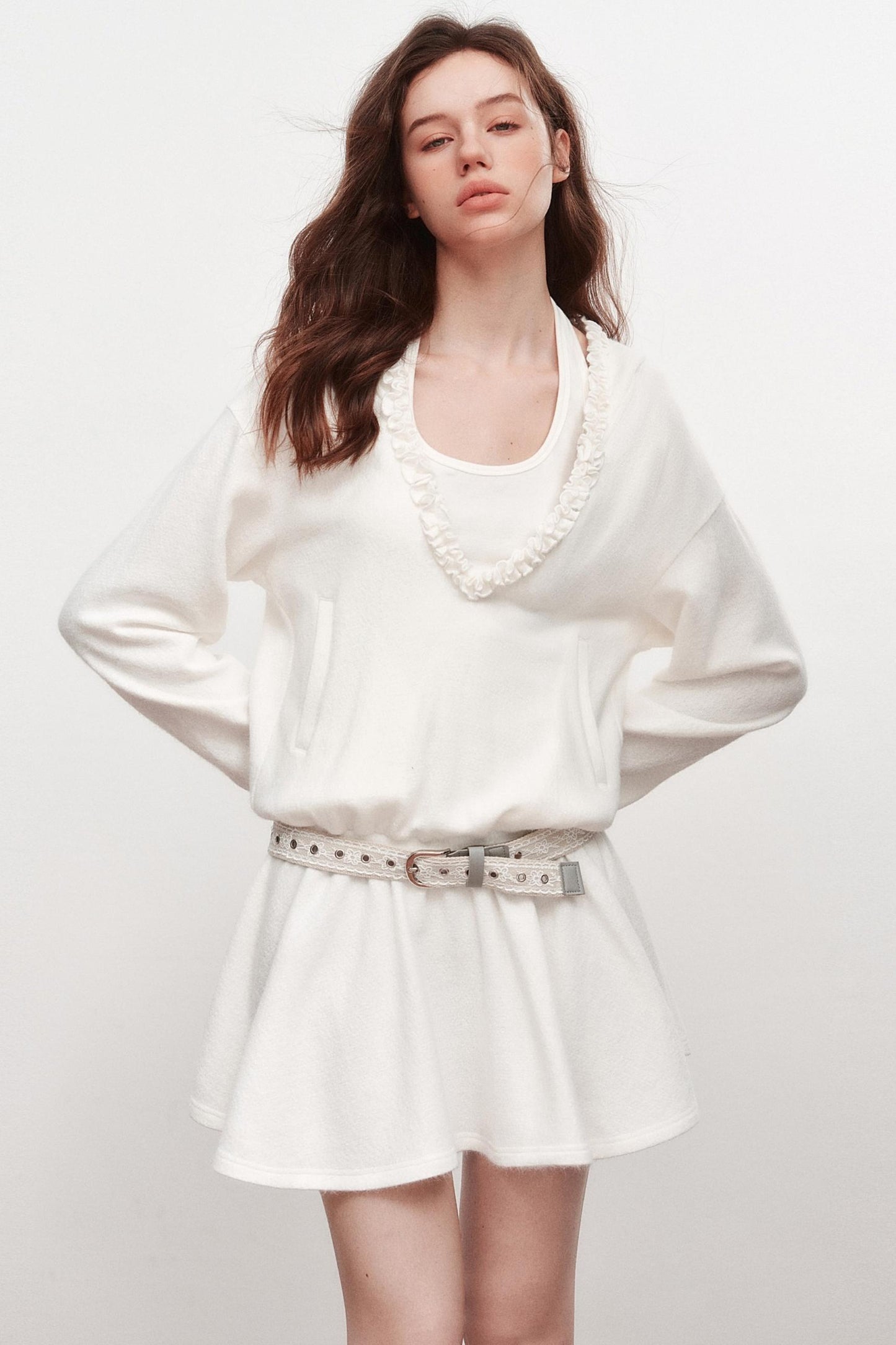 V-Neck Long Sleeve Ruffled Dress