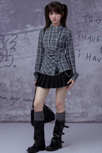Gray-Blue Irregular Placket Plaid Shirt