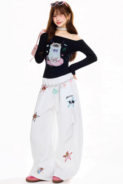Retro Star Embroidered Sweatpants