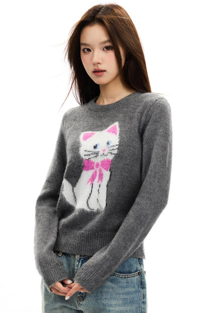 Intarsia Cat Mohair Knit Top