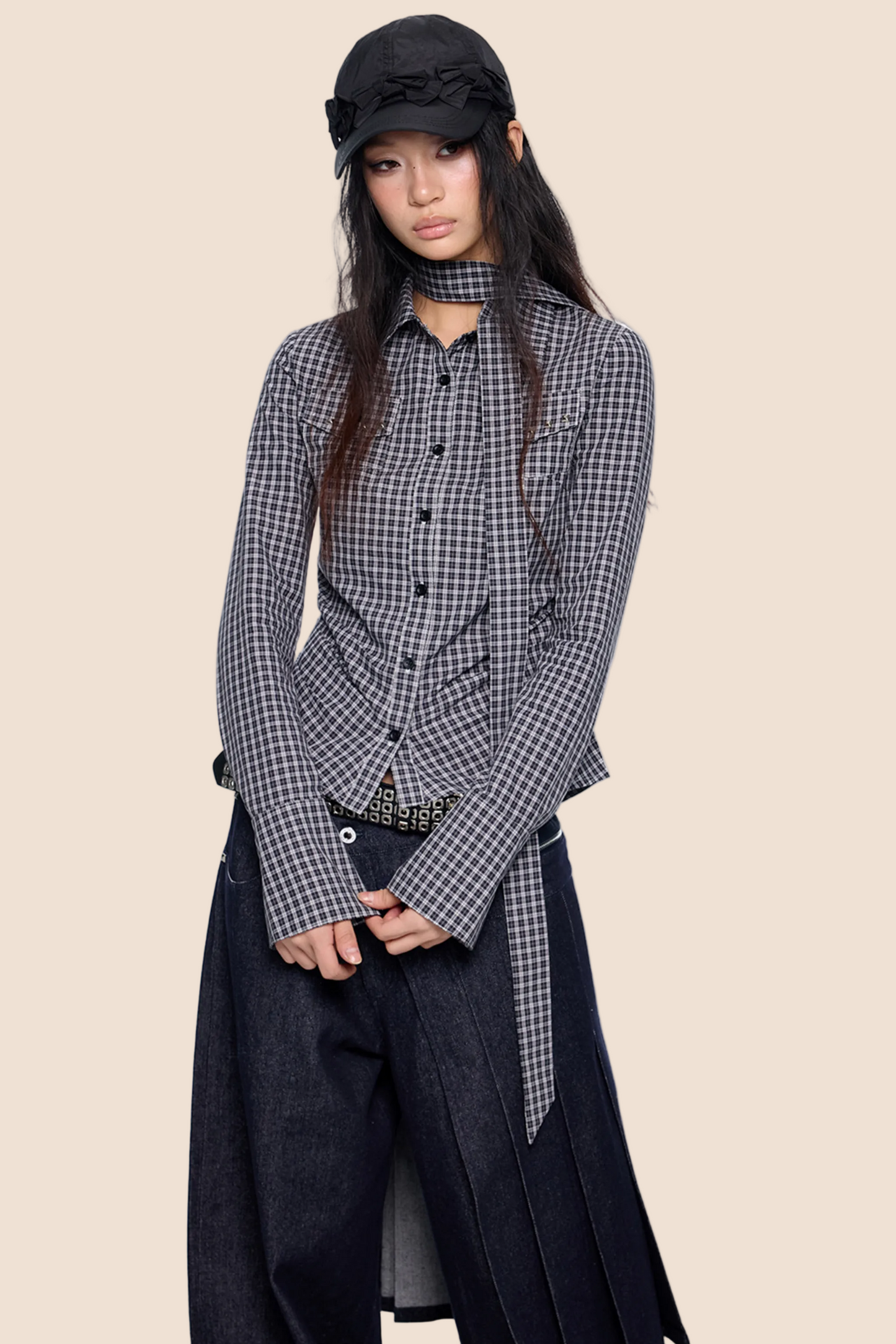 Plaid Lace-Up Bow Blouse