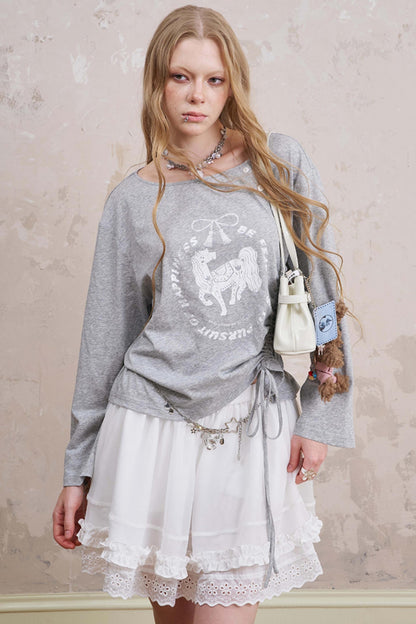 Slanted Monochrome Flower Ruffle T-Shirt